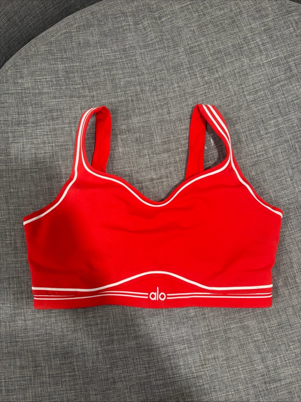 ALO Yoga Red Sports Bra with White Piping